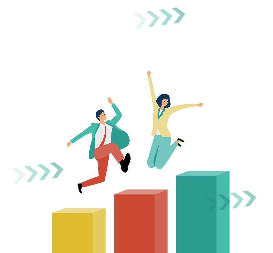 グラフの上を男性と女性が飛んでいるイラスト