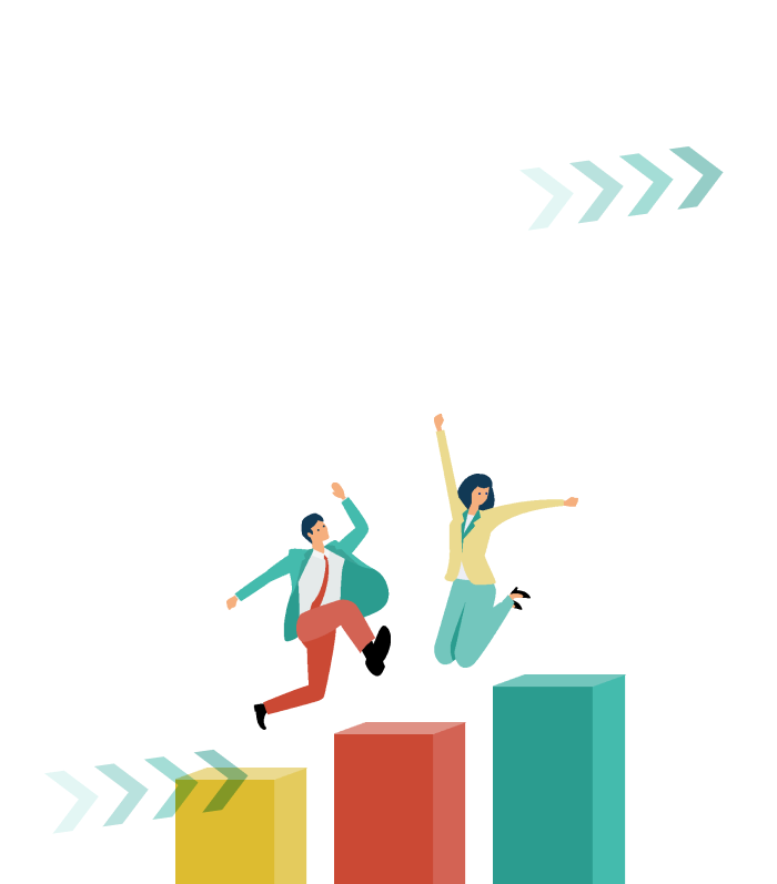 グラフの上を男性と女性が飛んでいるイラスト