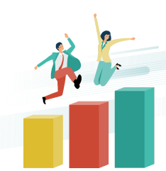 グラフの上を男性と女性が飛んでいるイラスト